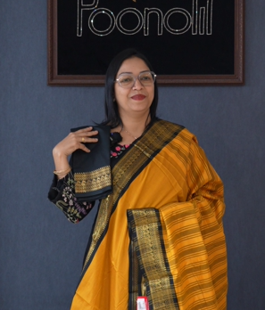 KANCHI COTTON SAREE -Mango Yellow to Black shade Search code 4788