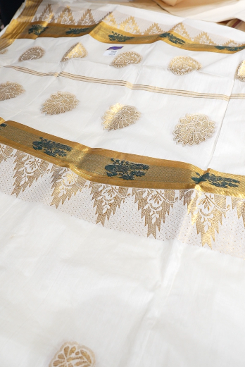 KERALA  SAREE  - Golden Green color -Tissue Search code 5612
