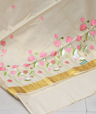 KERALA  SAREE  - Golden tissue Pink color -Tissue Search code 5902