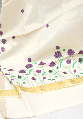 KERALA  SAREE  - Golden tissue Purple color -Tissue Search code 5903