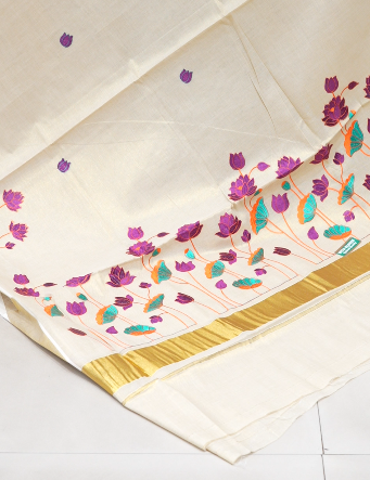 KERALA  SAREE  - Golden tissue Bright Purple color -Tissue Search code 5904
