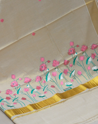 KERALA  SAREE  - Golden tissue Pink color -Tissue Search code 5906