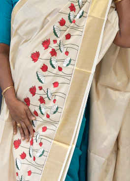 KERALA  SAREE  - Golden tissue Red color -Tissue Search code 5908