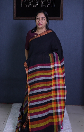 Semi Linen Saree  -  Black shade  Search code 1592