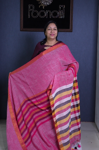 Semi Linen Saree  -  Dark pink shade  Search code 1593