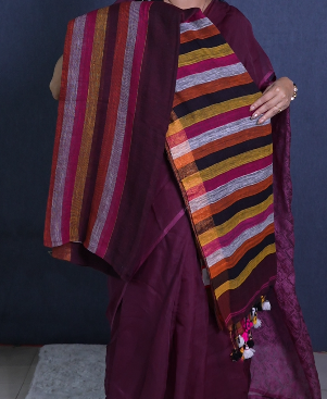 Semi Linen Saree  - Wine shade  Search code 1597