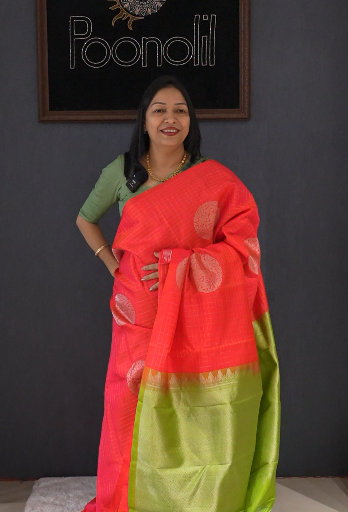KANCHIPURAM SAREE -Orange to Green shade Search code 5661