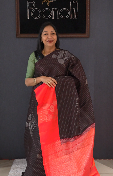 KANCHIPURAM SAREE -Dark brown to Carrot peach  shade Search code 5662