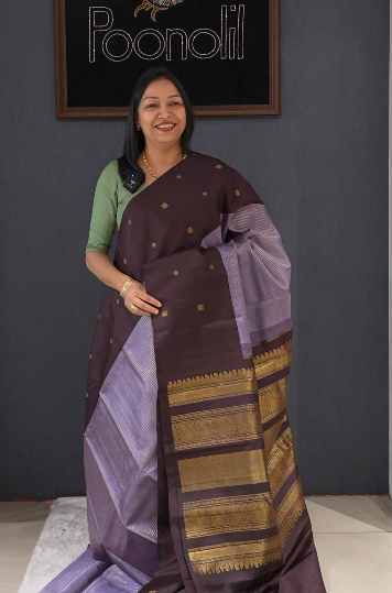 KANCHIPURAM SAREE -dark brown to Lavender shade Search code 5663