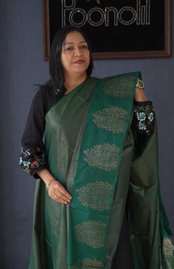 Semi Silk Saree -Bottle green  color Search code 2656