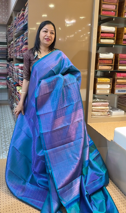 KANCHIPURAM BROCADE  - peacock blue color Search code 4507