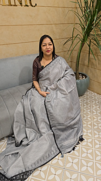 Khadi Cotton Saree - ash shade Search code 8006