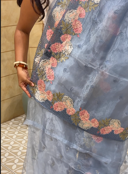 Organza Saree - light blue shade Search code 4209