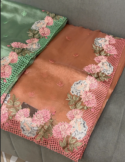 Organza Saree - salmon peach shade Search code 4210