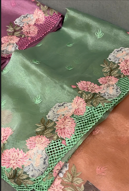 Organza Saree - green  color shade Search code 4211