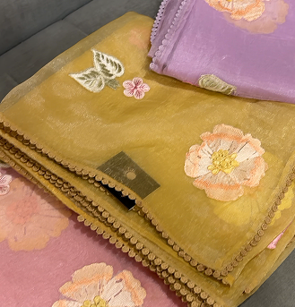 Organza Saree -  butter yellow color shade Search code 4219