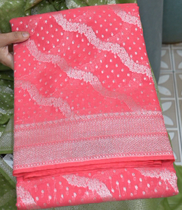 Banarasi  chanderi sarees -carrot peach color Search code 5224