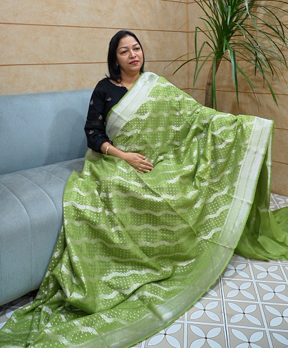 Banarasi  chanderi sarees -parrot green  color Search code 5223