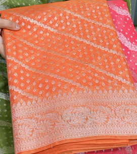 Banarasi  chanderi sarees -orange shade  color Search code 5225