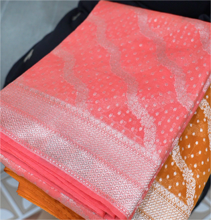 Banarasi  chanderi sarees - peach  shade  color Search code 5231