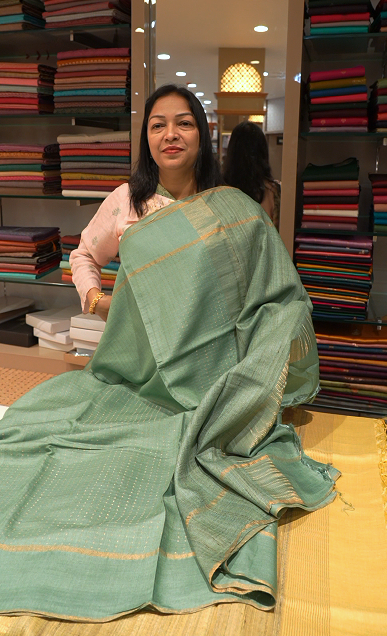 Jute Tussar Saree teal green Search code 3227