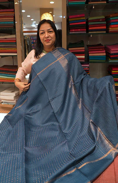 Jute Tussar Saree teal blue Search code 3230