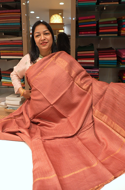 Jute Tussar Saree salmon peach colorSearch code 3231