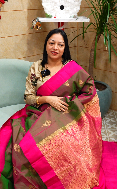 KANCHIPURAM SAREE-green pink double shade Search code 7464