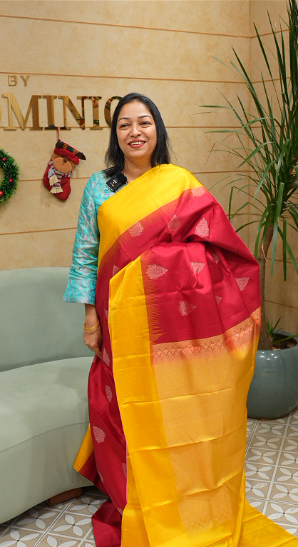 KANCHIPURAM SAREE CONTRAST - Maroon red  to yellow Search code 4200