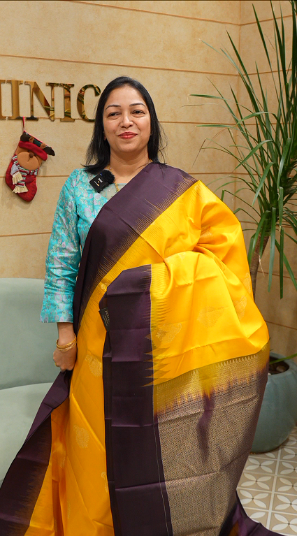 KANCHIPURAM SAREE CONTRAST -   yellow to  dark coffee brown Search code 4201