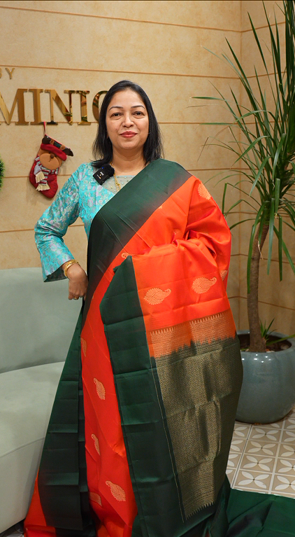 KANCHIPURAM SAREE CONTRAST -  burnt orange to green color Search code 4202