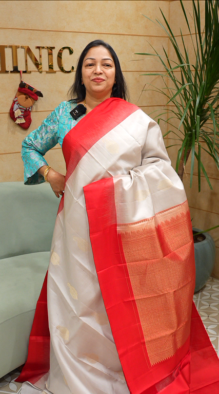 KANCHIPURAM SAREE CONTRAST - moon white to chili red color Search code 4203