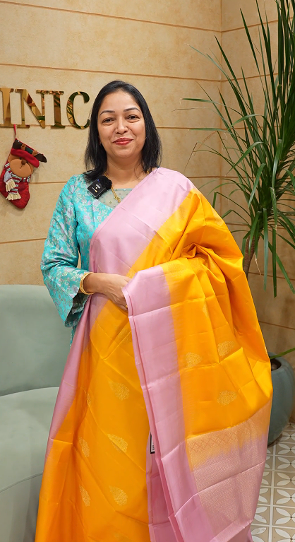 KANCHIPURAM SAREE CONTRAST - yellow to pink color Search code 4205