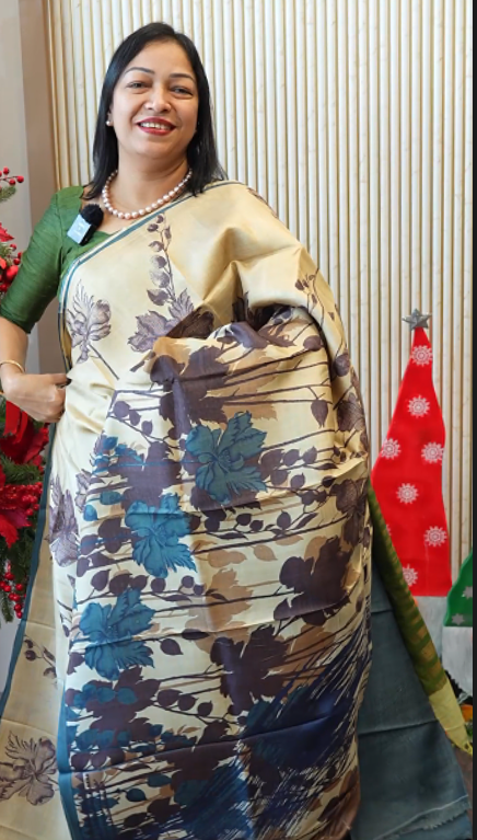 Desi tussar saree  - brown  teal blue Shade Search code 3501