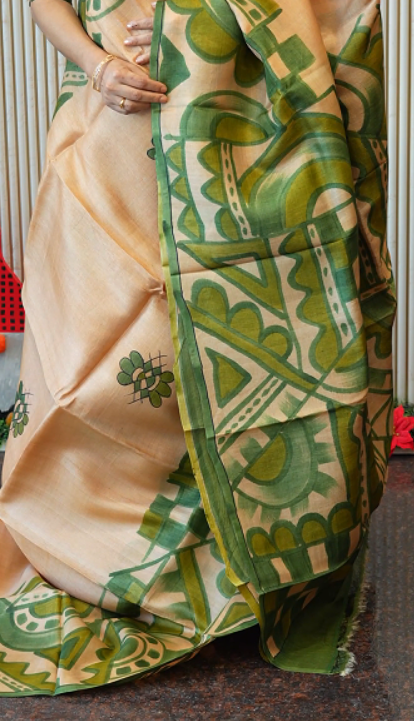 Desi tussar saree  - wheat Green Shade Search code 3503