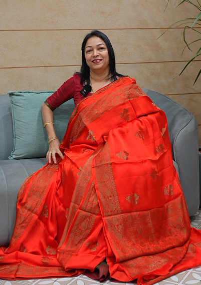 Banarasi  satin sarees - orange color Search code 4501