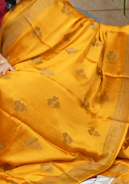 Banarasi  satin sarees - mango yellow color Search code 4500