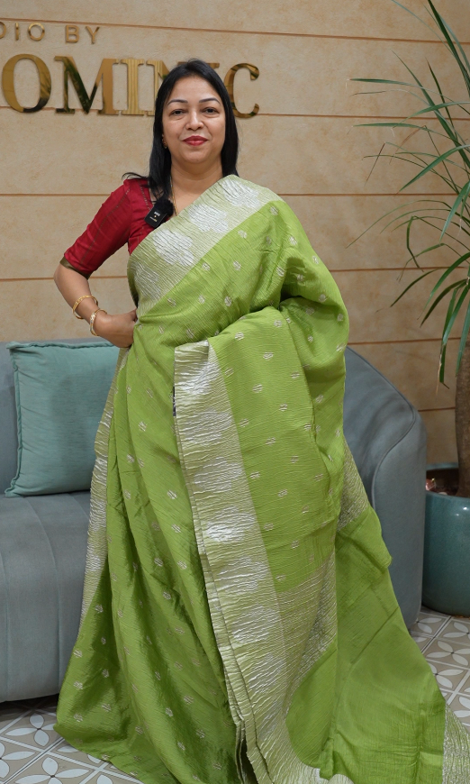 crushed Banarasi sarees -parrot green color Search code2284