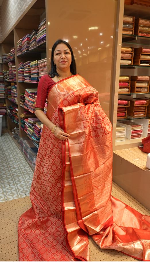 KANCHIPURAM SAREE- burned orange color shade Search code 1100