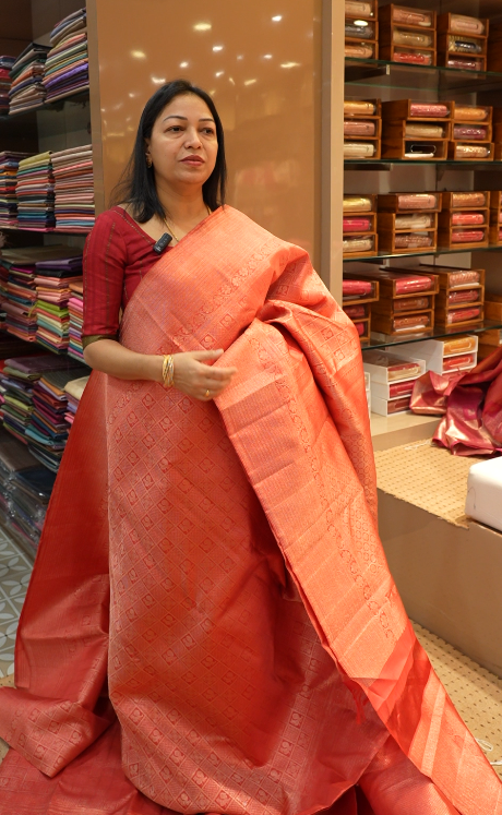 KANCHIPURAM SAREE-peach orange   color shade Search code 1103
