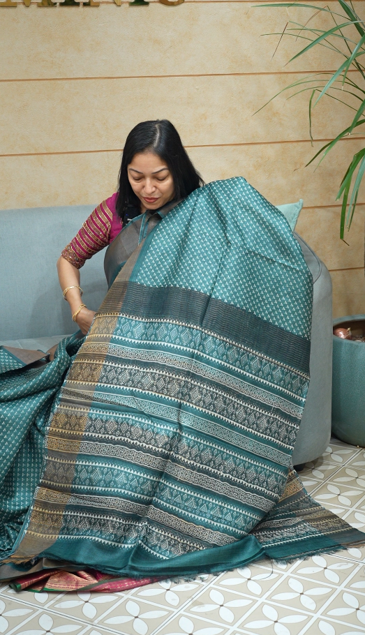 Tussar Saree  teal blue  colour  Search code 6613