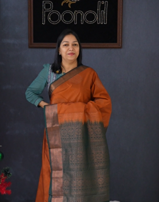 Semi Silk Saree -Rust to green  color Search code 1535