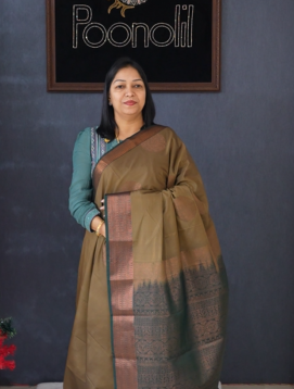 Semi Silk Saree -Olive green to green  color Search code 1536