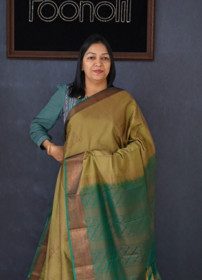 Semi Silk Saree -Olive green to green  Search code 1555
