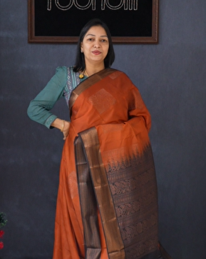 Semi Silk Saree -Burn orange to black  Search code 1559
