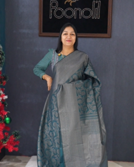 Semi Silk Saree -Blue green shade Search code 1562