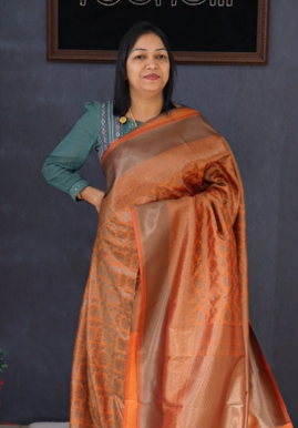 Semi Silk Saree - Orange  shade Search code 1564