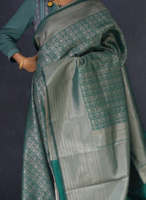 Semi Silk Saree - Green shade Search code 1573