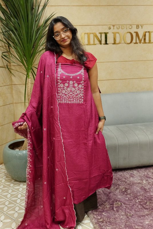 UNSTITCHED SALWAR  SUIT SET - Ruby pink shade Search code 2000