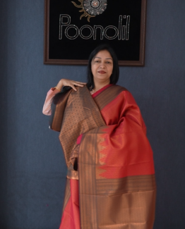 Semi Silk Saree -Tomato red to Green  shade Search code 1711